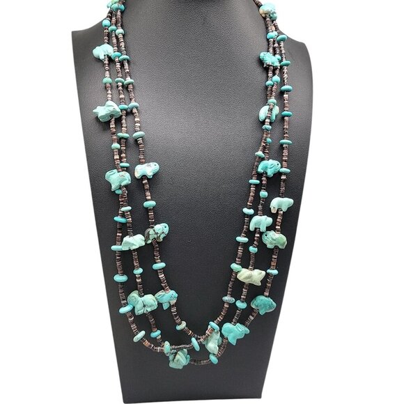 Antique Turquoise Carved Animal Stations Heshi Necklace Multistrand 24" Detailed - Picture 1 of 16
